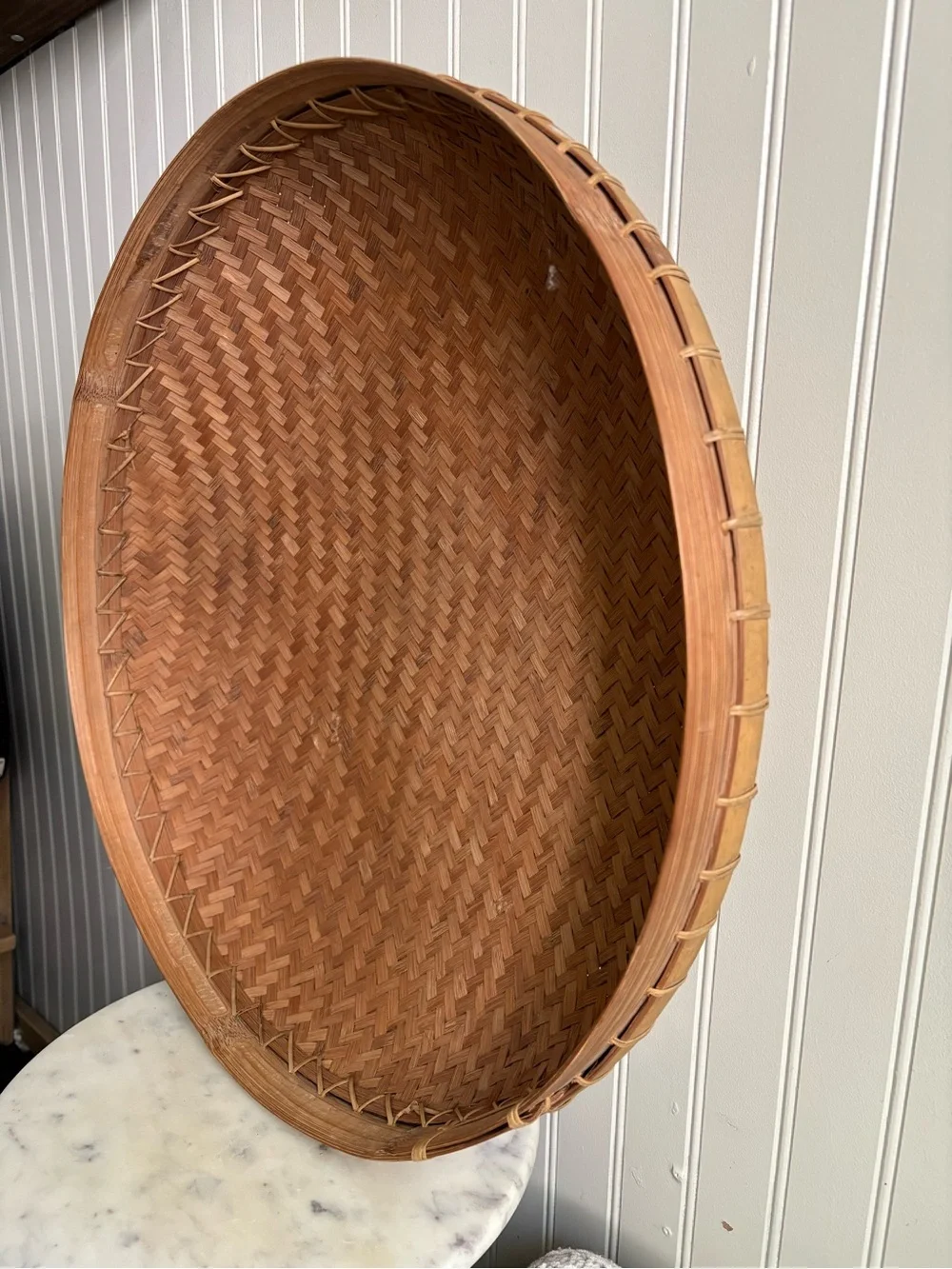 Vintage Large Woven Bamboo Asian Winnowing Basket Brown 20” Diameter Traditional